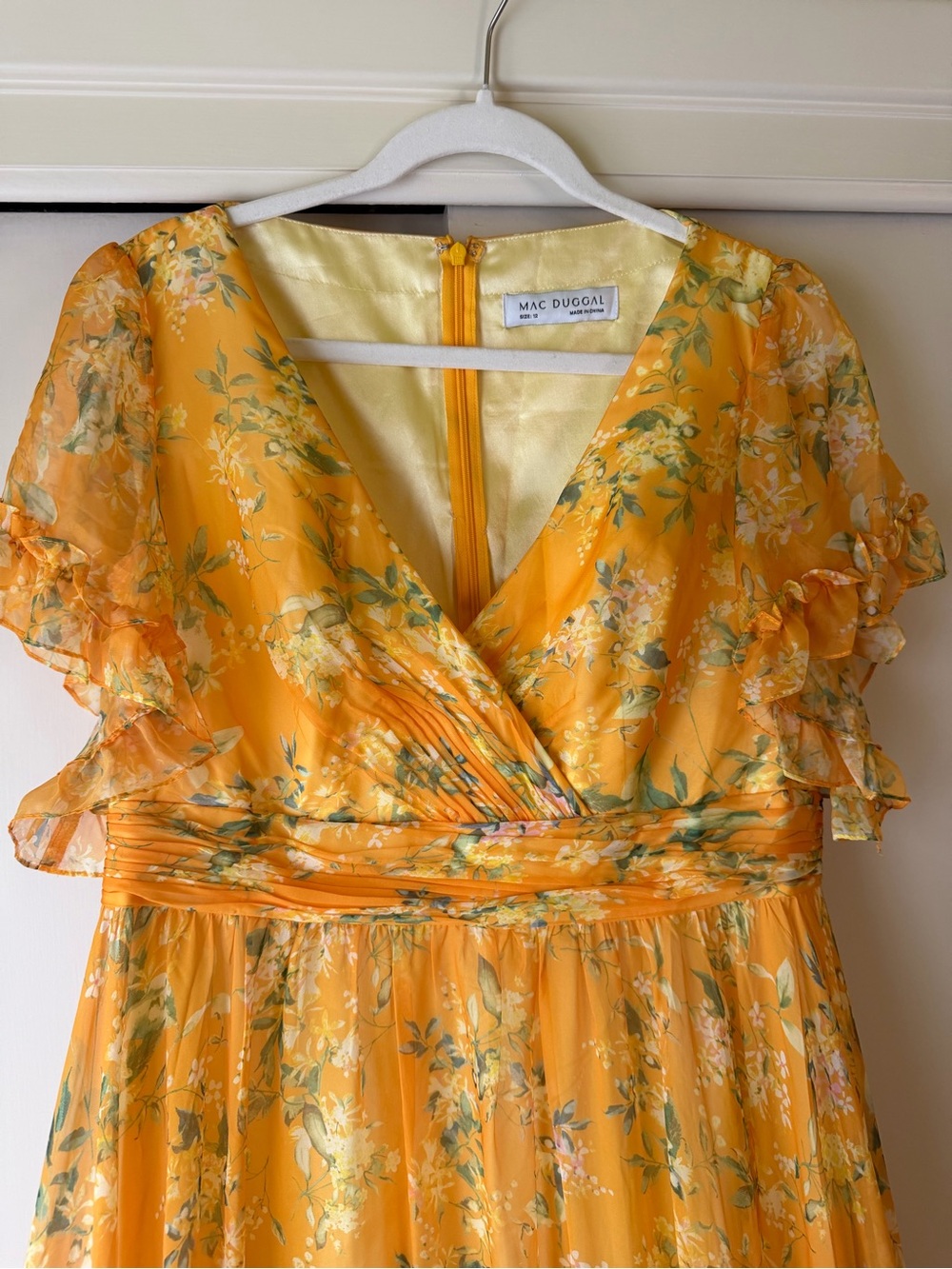 Mac Duggal Yellow Multicolor Flounce Sleeve Floral Maxi Dress 12 - Picture 3 of 9